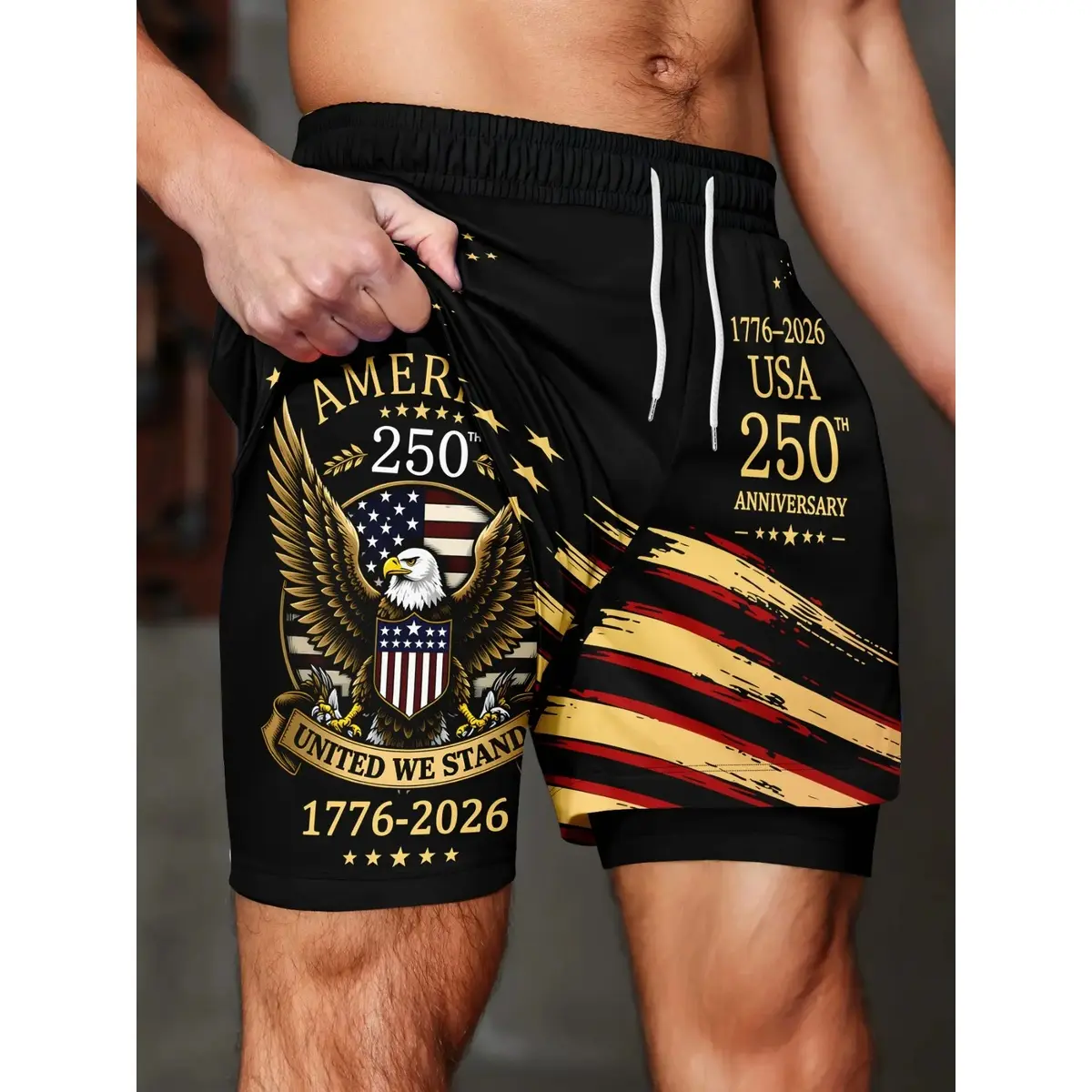 Men's 2-in-1 Quick-Dry Loose-Fit Athletic Shorts - USA 250th Anniversary Print (Bald Eagle, Stars and Stripes), Drawstring Casual Summer Gym Shorts