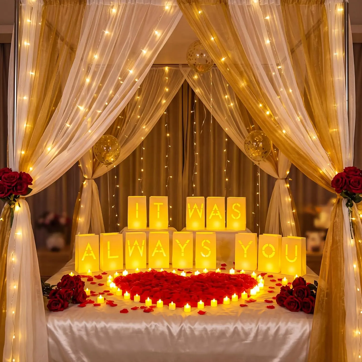 6086 count It was Always You Light up Letters with LED Flameless Tealight Candle Red Rose Petal Letter Luminary Paper Bag for Valentine's Day Decoration Proposal Romantic Special Night Decor
