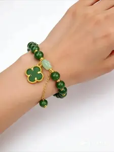 2 Couple Money Magnets! Lucky Clover Green Aventurine Bracelet - Crystal Charm Showcasing Wealth and Prosperity