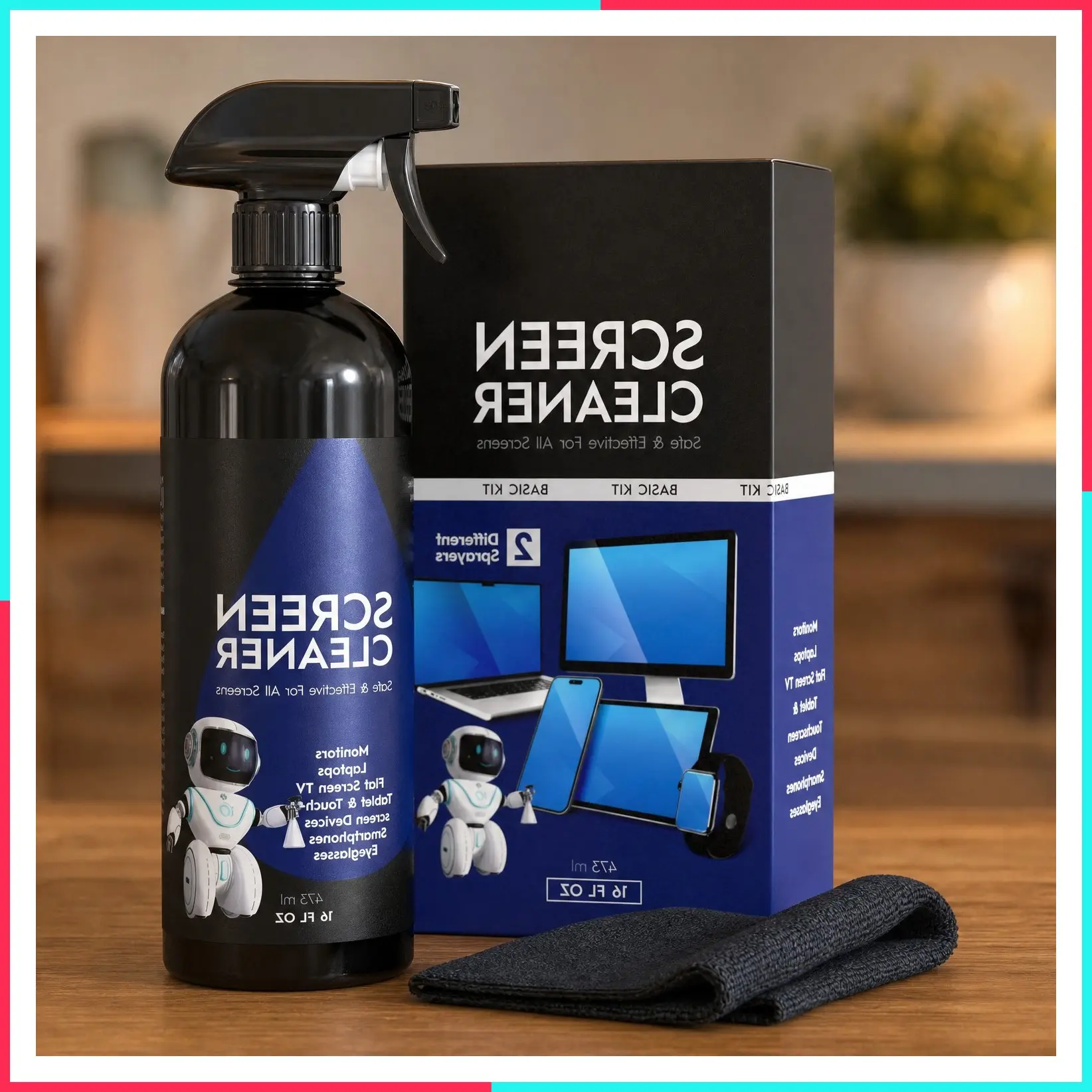 16oz Screen Cleaner Spray – Large Cleaning Kit for LCD, LED & OLED TV, Smartphone, iPad, Laptop, Touchscreen, Computer Monitor, Microfiber Cloth Wipes & 2 Nozzles