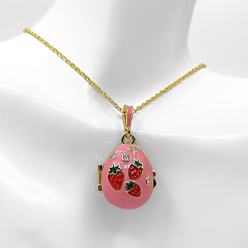 Surprise Butterfly Locket Necklace, Pink Enamel Cherry Egg Pendant, Openable Jewelry with Secret Charm, Gold Tone Cottagecore Aesthetic, Unique Gift for Her