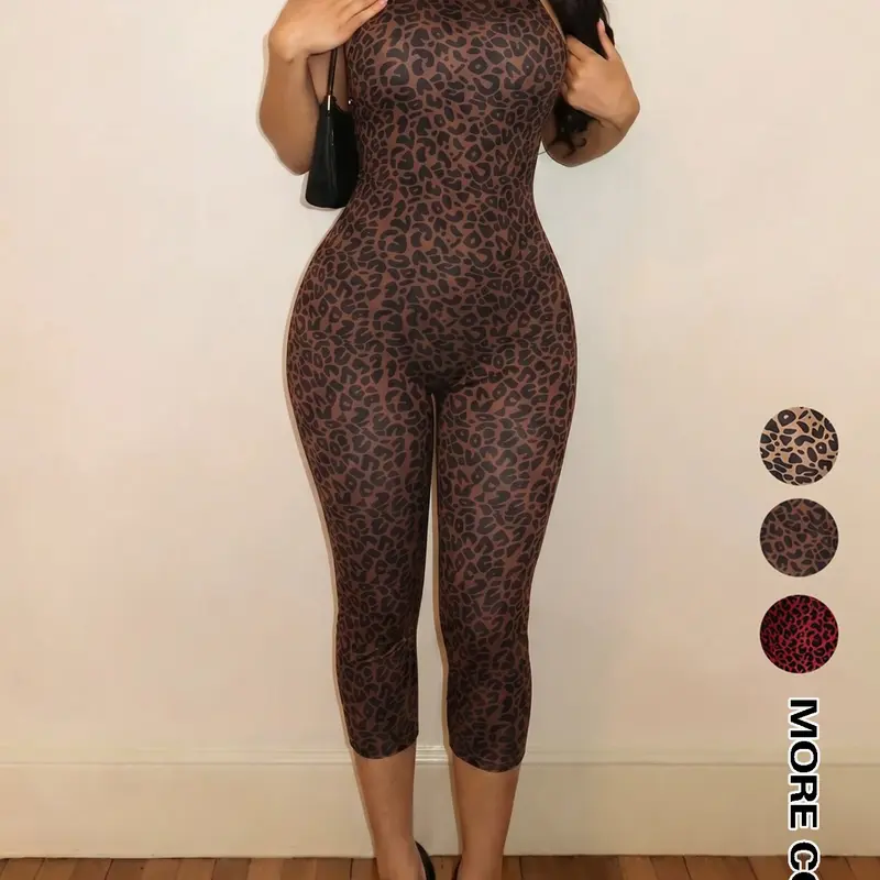 Women's Sexy Mesh Leopard Print Halter Neck Backless Cropped Jumpsuit, Sleeveless High Waist Bodycon Jumpsuit, Fashionable Summer Womenswear Clothing