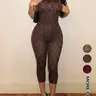 Women's Sexy Mesh Leopard Print Halter Neck Backless Cropped Jumpsuit, Sleeveless High Waist Bodycon Jumpsuit, Fashionable Summer Womenswear Clothing