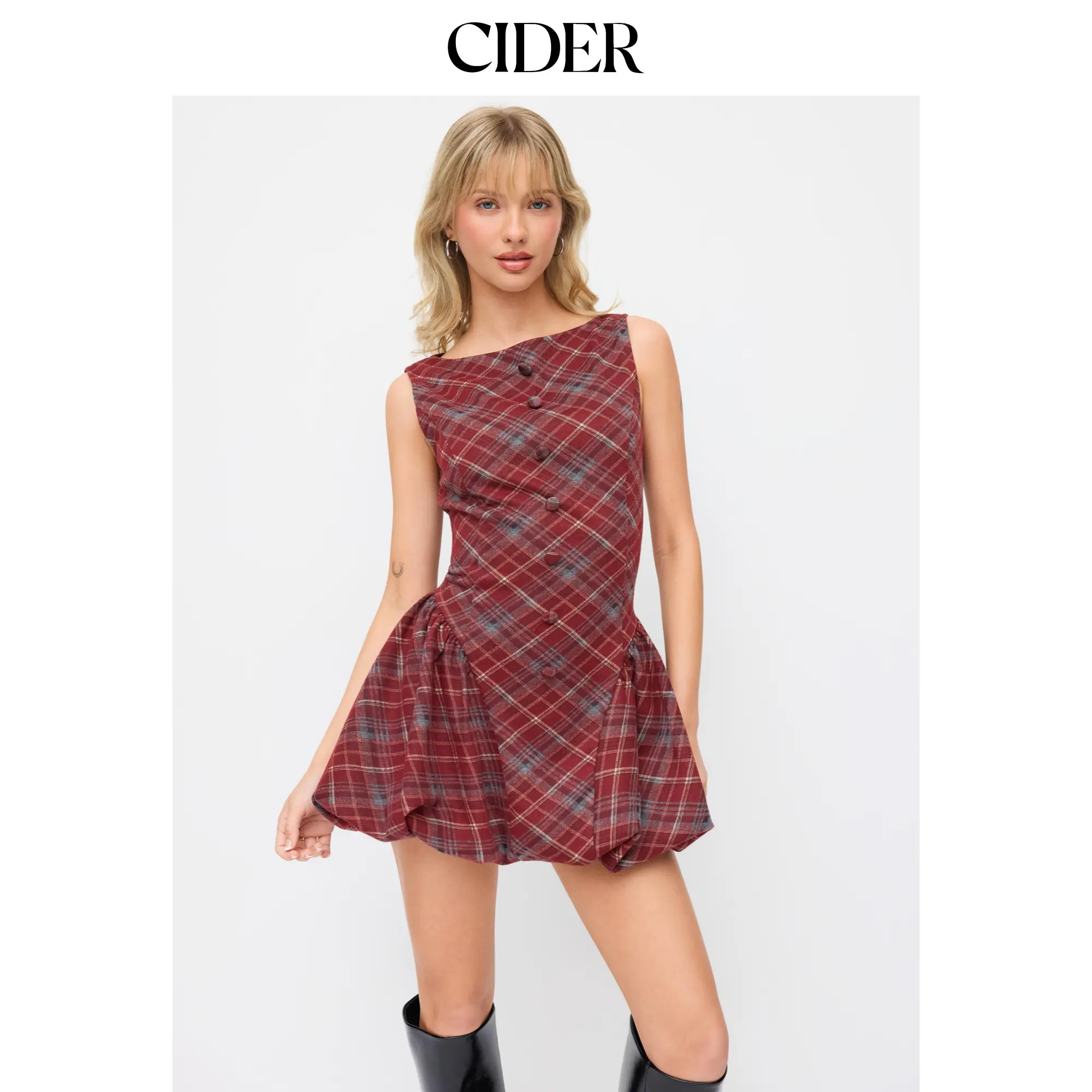 Cider Wool-look Boat Neck Tartan Plaid Bubble Hem Mini Dress SohoChic