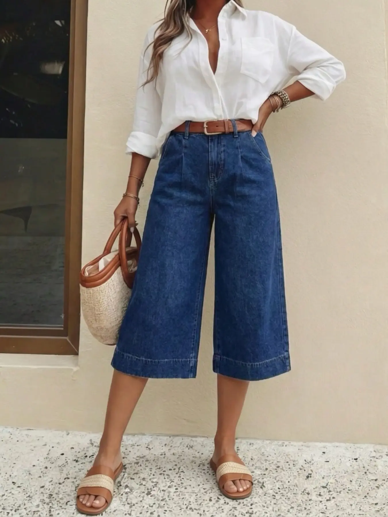 Casual Loose-Fit Mid-Waist Washed Capri Cropped Jeans, Women's Denim Jeans for All Seasons, Everyday Wear
