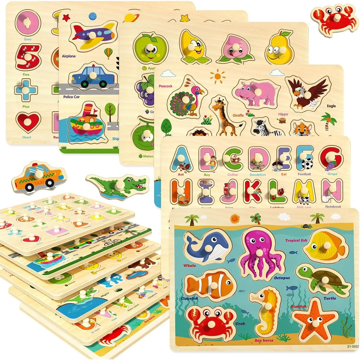 Wooden Peg Puzzles for Toddlers 2-4, 6 Pack Educational Peg Puzzles Montessori Toys, Learning Puzzles for Kids Girls Boys 1-3 3-5 with Alphabet Number Animal Vehicle Shapefidget toys