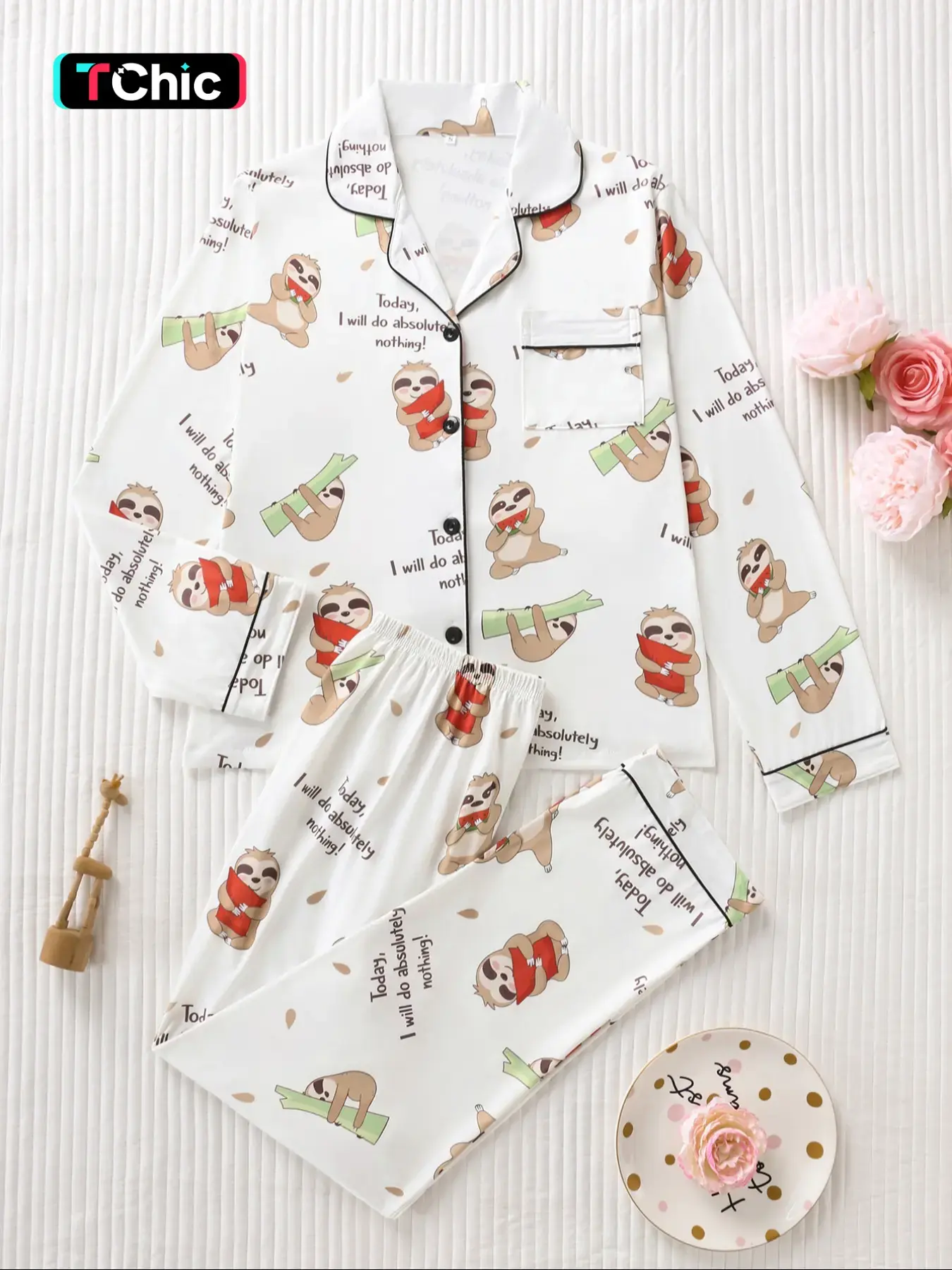 Women's Cartoon Sloth Print Sleepwear Set, Pajama Set, Pants PJ Set, Loungewear Pjs Set, Loungewear Pajamas, Soft Smooth Fabric, Comfortable Loose Fit, Casual Long Sleeve Top and Pants, All Seasons, Loungewear