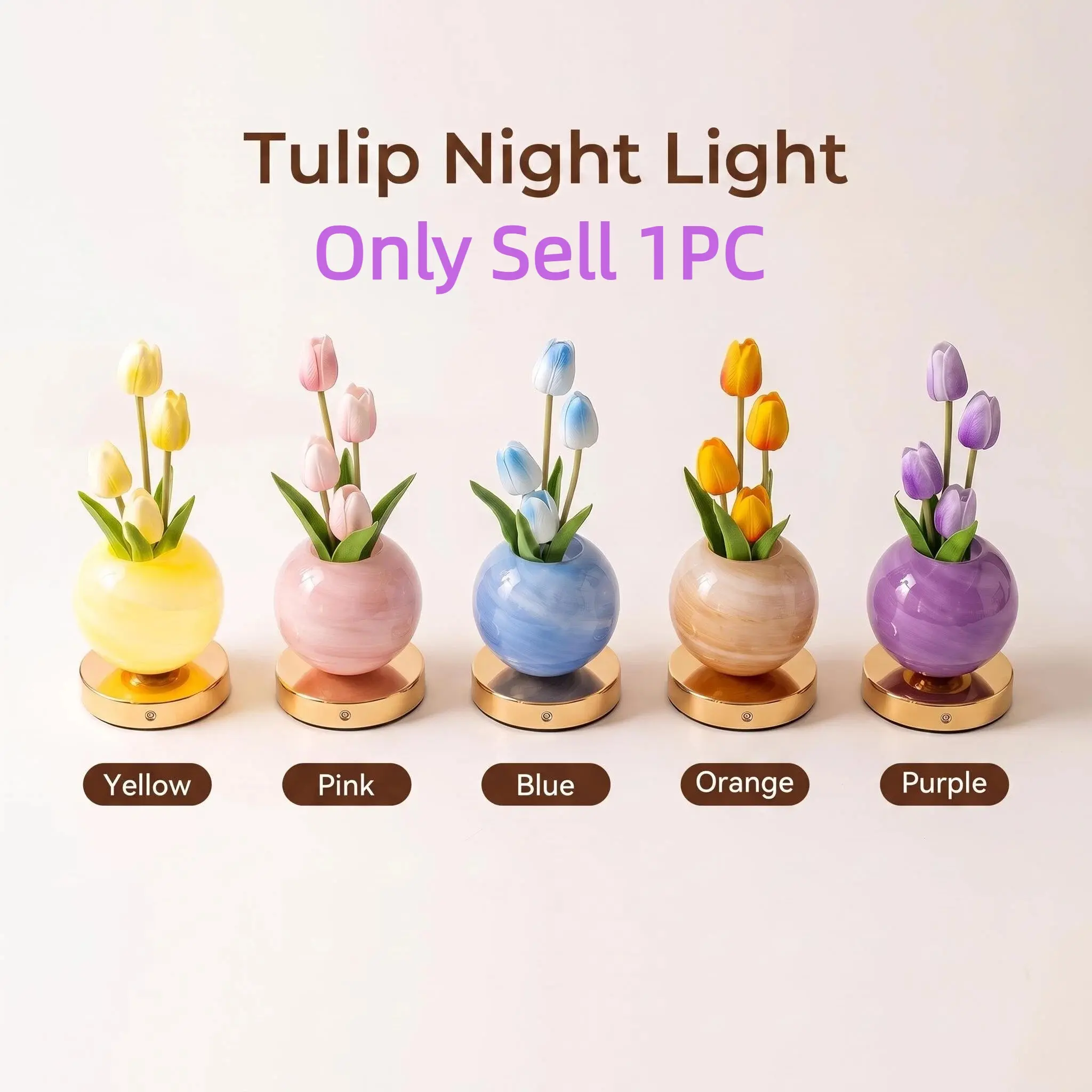 Creative Touch Dimmable Tulip Bouquet Night Light, USB Rechargeable Fake Flower LED Desk Lamp, Romantic Gift for Valentine's Day, Wedding, Christmas