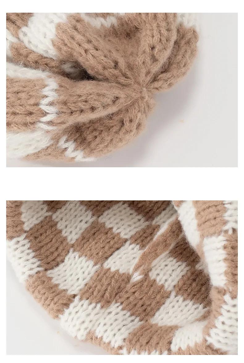 New Japanese Korean Winter Check Plaid Skullies Beanies Knit Hat for Women Ins Luxury Brand Y2k Bonnet Heavy Warm Hat Casual Cap
