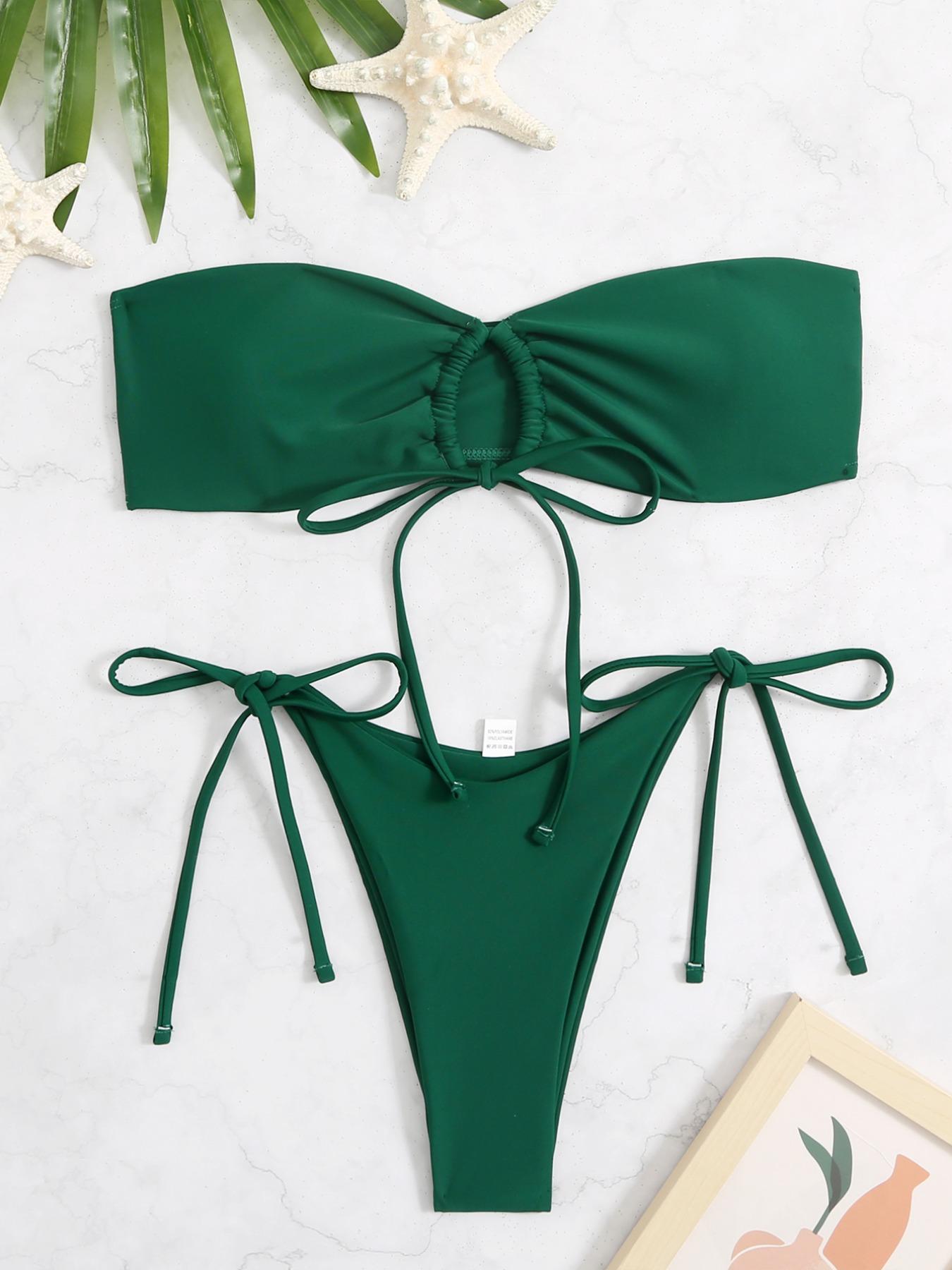 Two-Piece Set Women's Solid Bikini Set, Drawstring Ruched Cut Out Swim Bandeau Bra, Bikini Swim Top & Tie Side Swim Thong, Swimsuit for Women, Bathing Suits 2024 for Women Summer