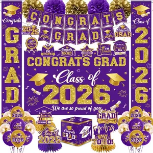 2026 Graduation Decorations - Purple Congrats Grad Party Supplies include Card Box, Backdrop, Banner and Balloons for Class of 2026 Decorations Set