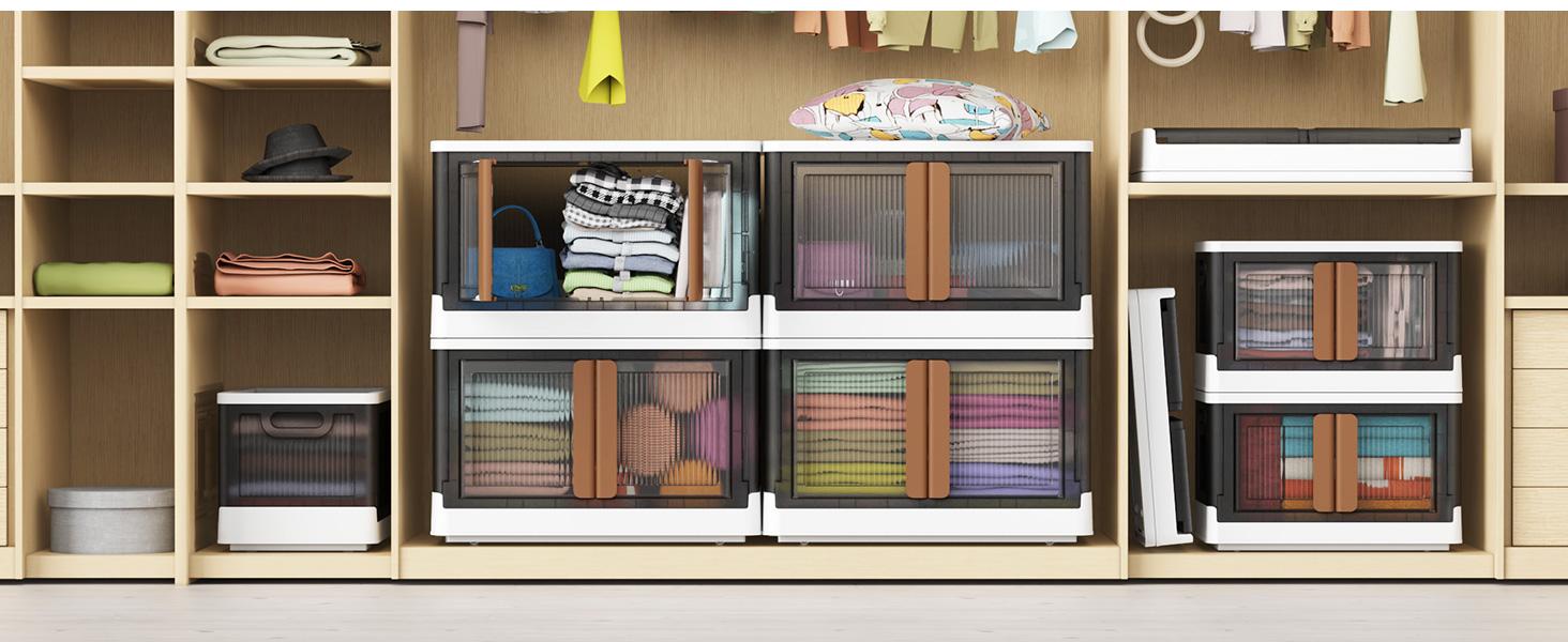 300QT Plastic Storage Bins With Lids, 75Gal Stackable Boxes With Wheels and Doors, Folding Closet Organizers, Cabinet for Closet Home Dorm, 3 Pack Brown