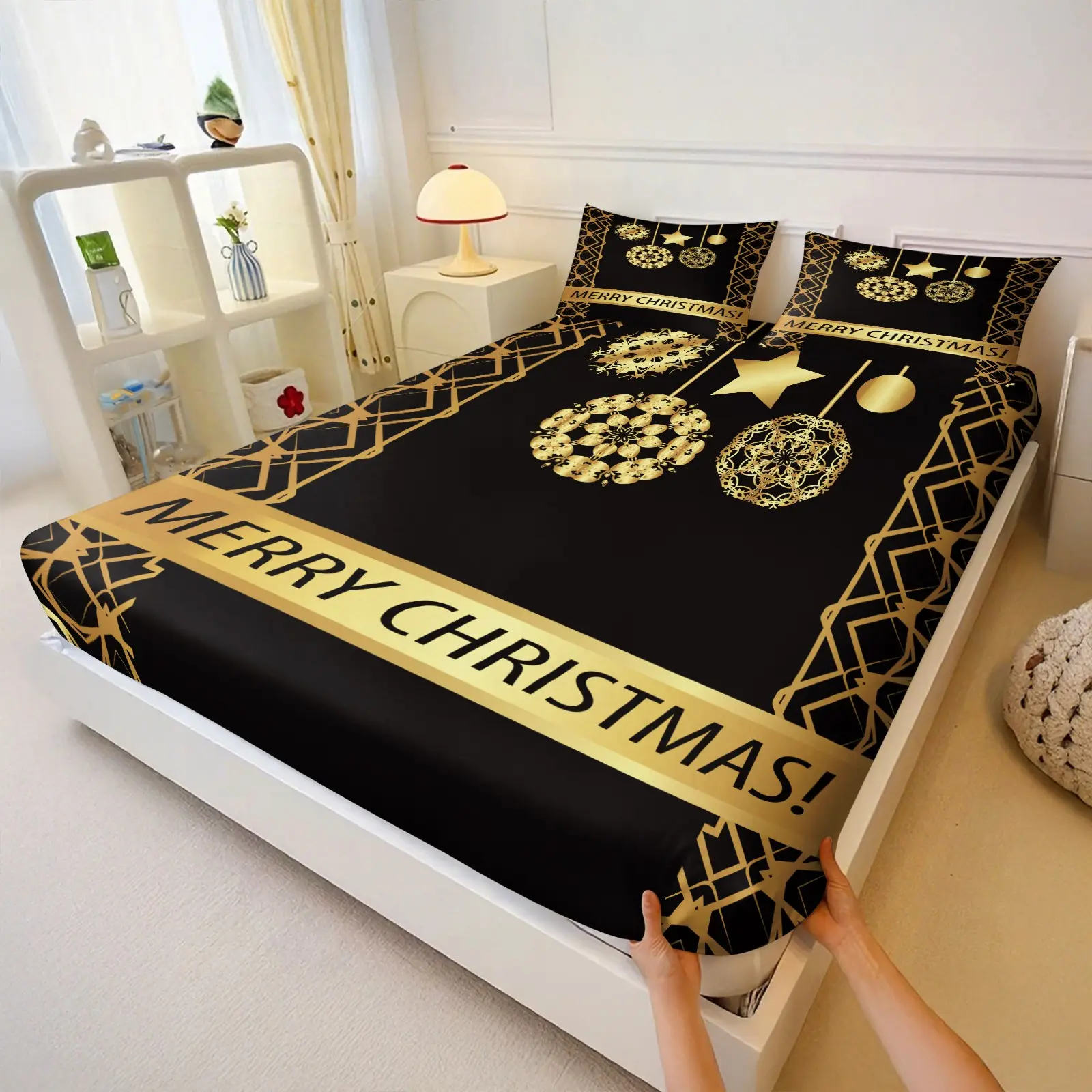 Retro Gothic Skull Fitted Sheet Bedding Set, Decorative Bedsheet Sets, -Gold Art Print, Soft Microfiber, 2 Pillow Shams, Dark-Aesthetic Decor, Unique Gift