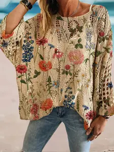 Spring Summer Round Neck Rhombus Hollow Out Bat Sleeve Knit Sweater, Floral Print Loose Fit Drop Shoulder Slimming, Commute Vacation Bikini Outer Top