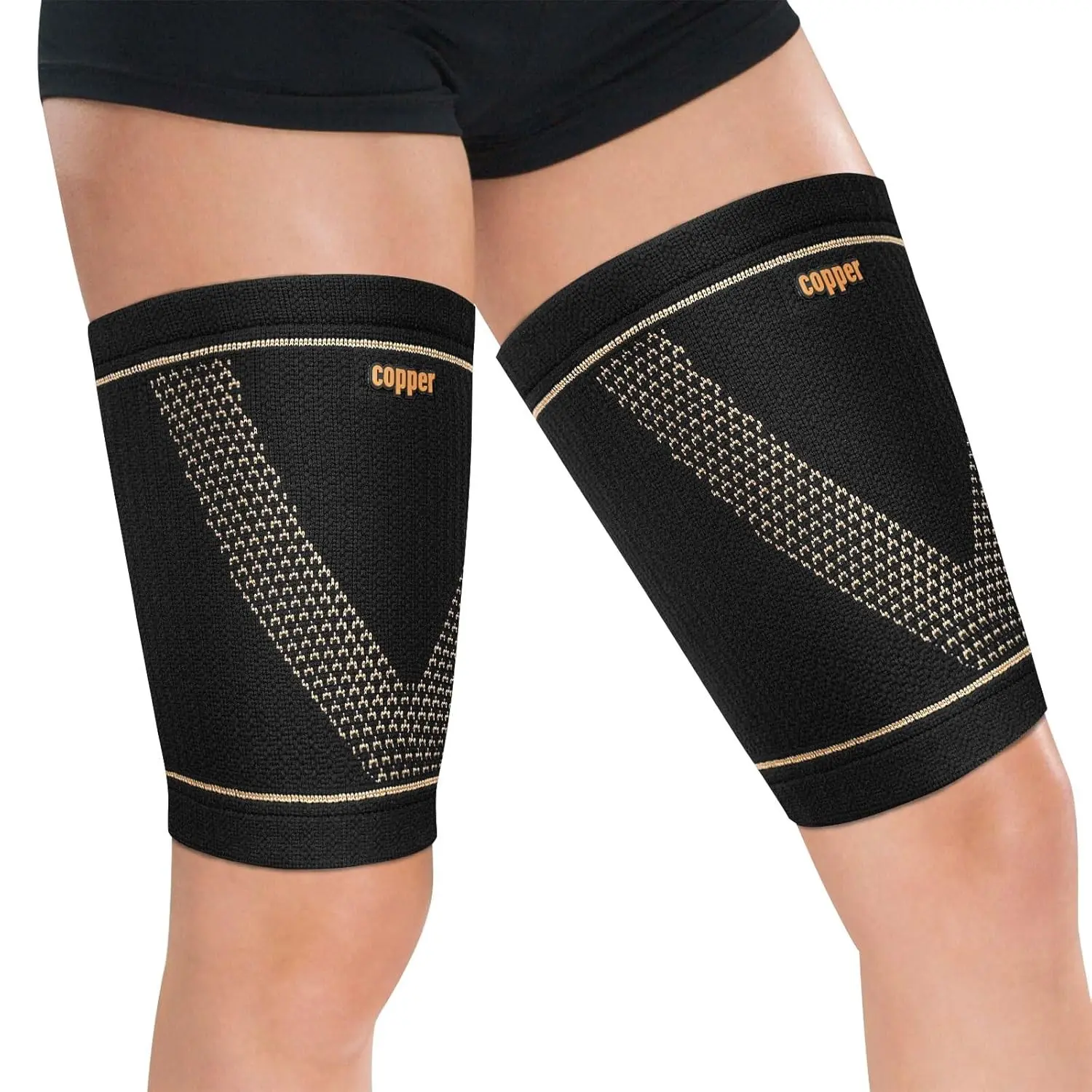 Copper Fabric Hamstring Compression Support Sleeves (2-Pack) - Men's & Women's Thigh, Groin Relief Wear, Black, Medium