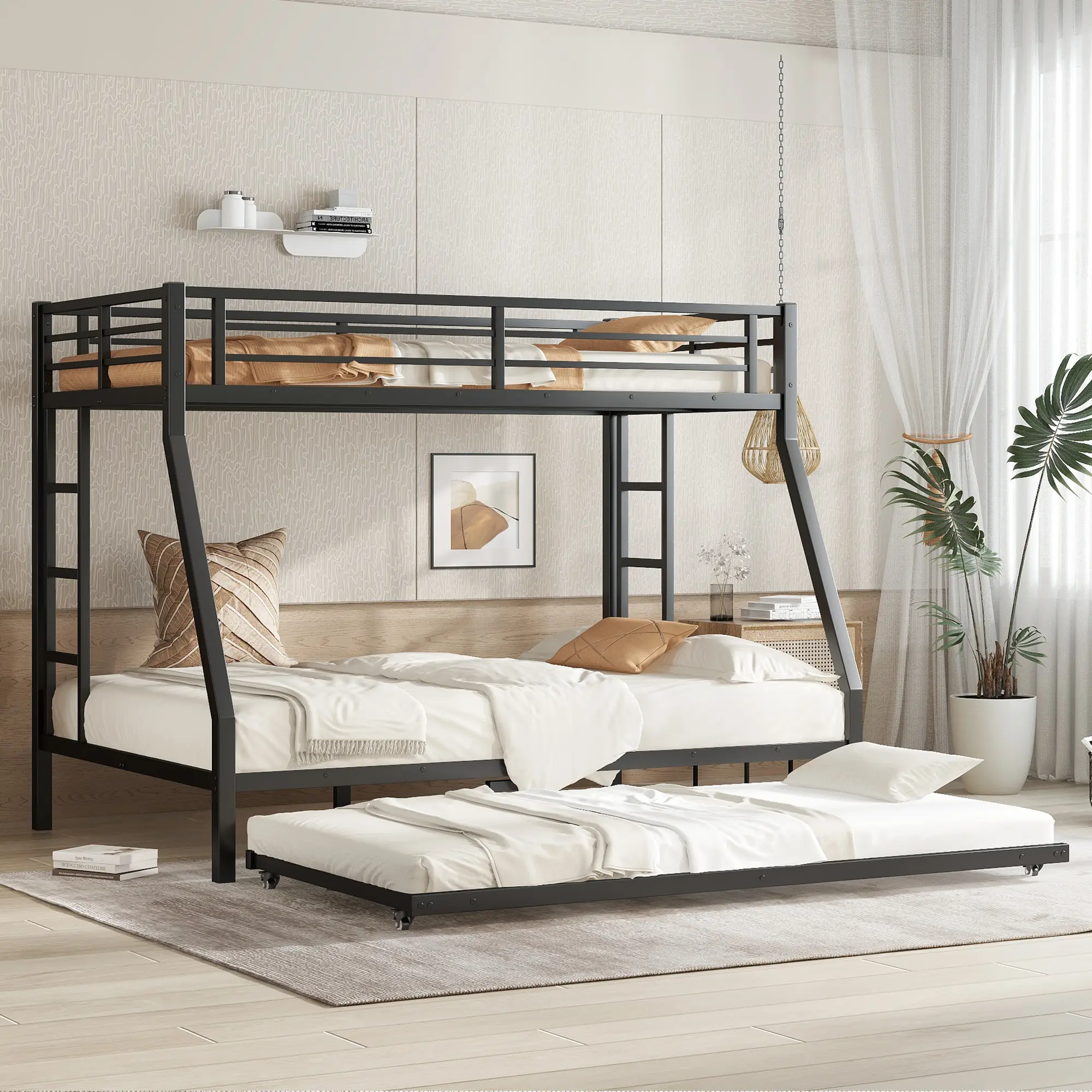ARCH Twin over Full Metal Bunk Bed with Twin Size Trundle, Black, Heavy Duty Steel Frame, Space Saving Design for Kids Teens Guest Room, No Box Spring Needed, Easy Assembly, Durable Bed Frame, Bedroom Furniture for Bedroom, Guest Room, Kids Room