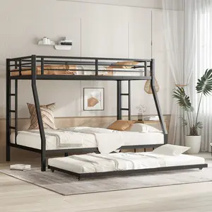 ARCH Twin over Full Metal Bunk Bed with Twin Size Trundle, Black, Heavy Duty Steel Frame, Space Saving Design for Kids Teens Guest Room, No Box Spring Needed, Easy Assembly, Durable Bed Frame, Bedroom Furniture for Bedroom, Guest Room, Kids Room