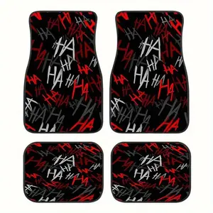 4-Piece 2D flat red and black HA graffiti car floor mats, general-purpose car floor mats, trendy punk car interior decoration, suitable for most cars, SUVs, trucks, 2D flat models