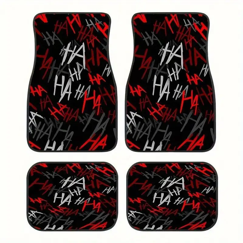 4-Piece 2D flat red and black HA graffiti car floor mats, general-purpose car floor mats, trendy punk car interior decoration, suitable for most cars, SUVs, trucks, 2D flat models