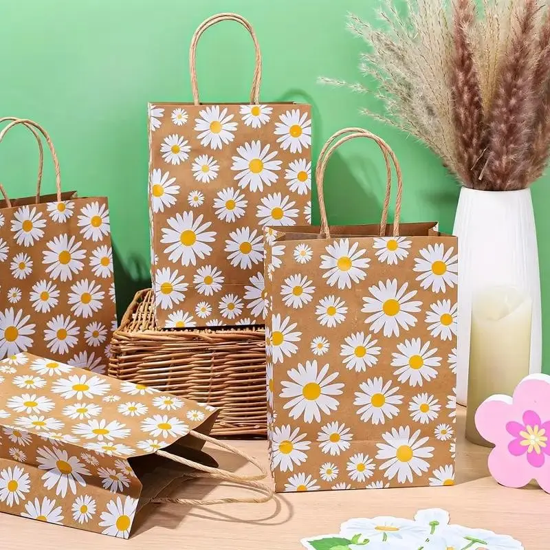 12/24pcs Daisy Flower Kraft Paper Gift Bags with Handles, Floral Design for Spring Parties, Weddings, Birthdays & Shopping Events