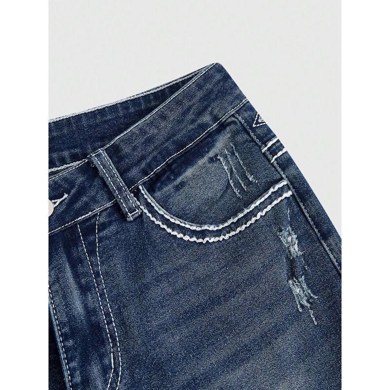 Women's Jeans - Grunge Punk Vintage, Cross Wings Embroidery, Drop Waist w/Buttons/Zipper, Slim Flared Curvy Fit - Spring/Fall Casual Daily Wear for Ladies(gift)