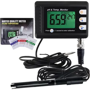 2 in 1 Temperature pH Monitor Meter Tester Sensor Test Kit 0~14.0 pH Automatic Buffer Recognition BNC Electrode Probe for Hydroponics Aquarium Lab Food Drinking Saltwater Seawater Testing