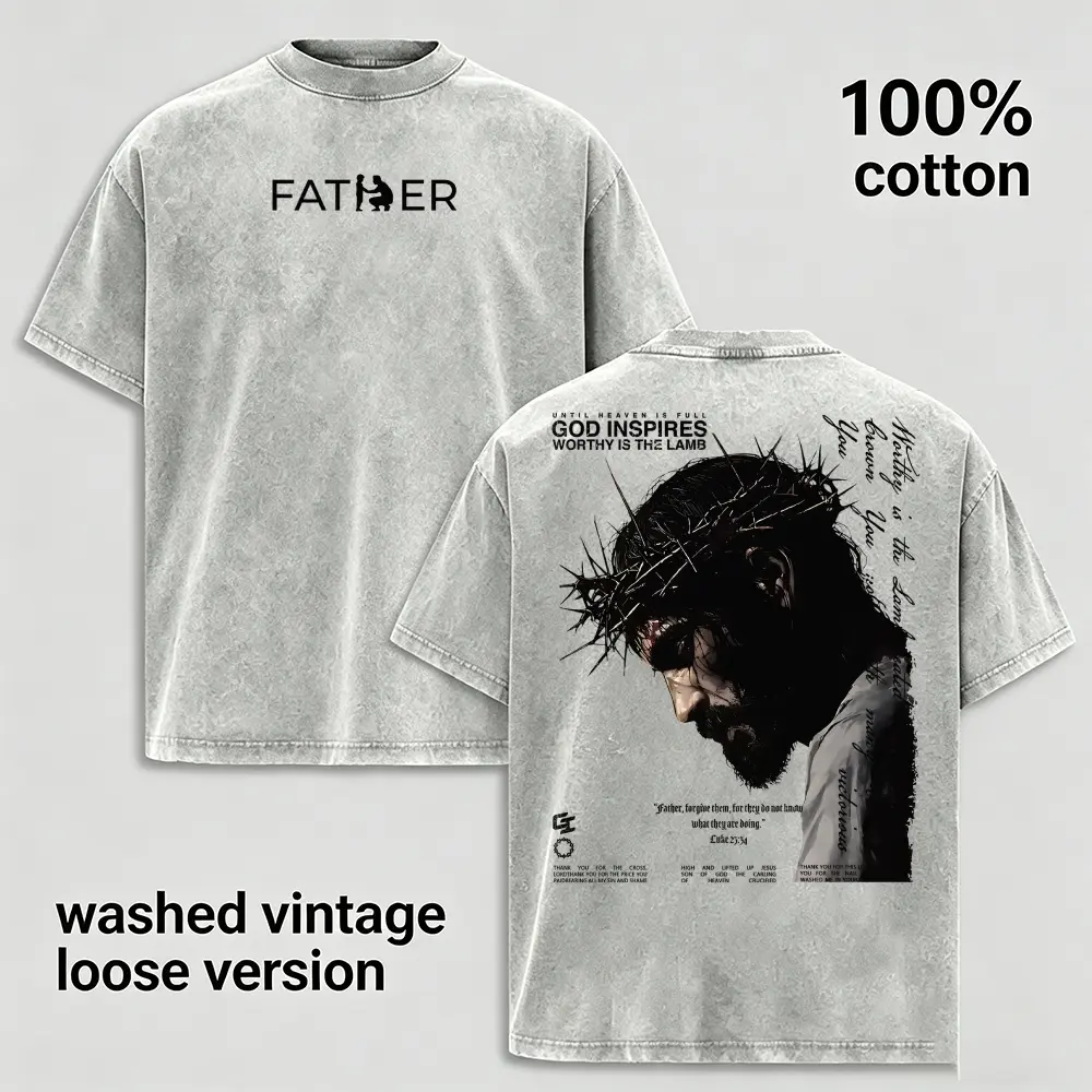Vintage Acid Wash T Shirt Men Oversized Cotton Tee Streetwear, Father Forgive Them Jesus Crown of Thorns Christian T-Shirt, God Inspires Worthy Is The Lamb Retro Short Sleeve Tops, Gift for Husband Boyfriend, Light Grey Clothing