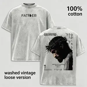 Vintage Acid Wash T Shirt Men Oversized Cotton Tee Streetwear, Father Forgive Them Jesus Crown of Thorns Christian T-Shirt, God Inspires Worthy Is The Lamb Retro Short Sleeve Tops, Gift for Husband Boyfriend, Light Grey Clothing