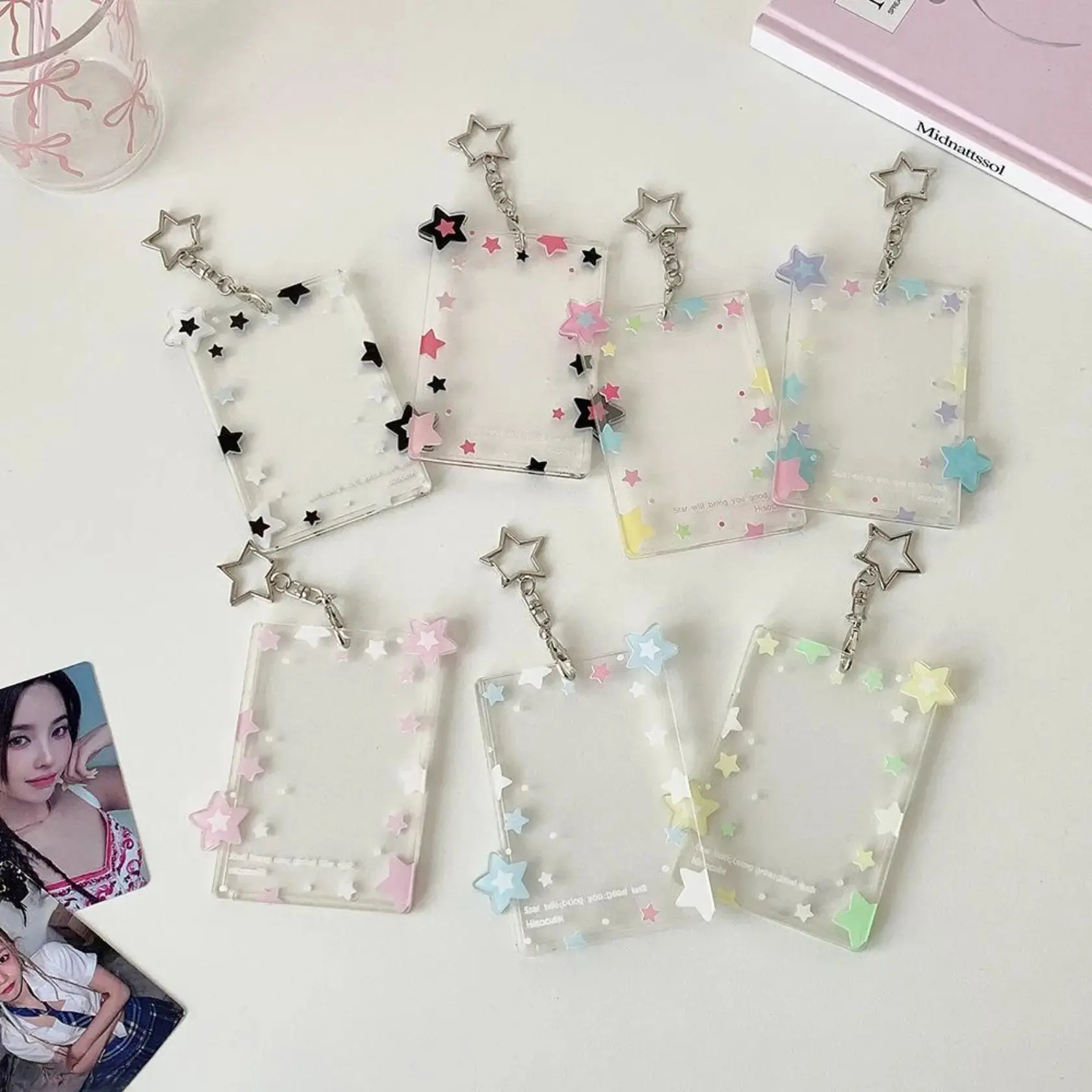 Pastel Star Clear Acrylic Photocard Holder with Star Keychain, Cute Kpop Idol Photo Card Protector Sleeve, Scratch Resistant Collectible Card Case, Kawaii Bag Charm Ideal For Fan Collection & Daily Backpack Decor