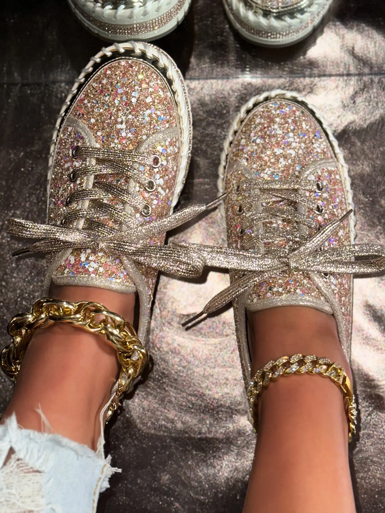 Women's Sequined Lace-Up Casual Shoes, Multicolor Sequins, Perfect for Summer/autumn, Ideal for Dates, Shopping, Parties