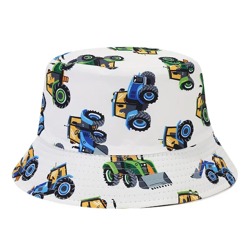 1 piece children's construction machinery pattern sun protection outdoor hat, skin-friendly fisherman hat for kids in spring and summer, children's bulldozer and excavator print casual hat, windproof hat with strap, toddler outdoor bucket hat