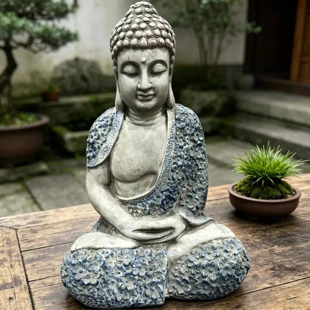 16'' Weatherproof Resin Buddha Garden Statue, Blue Floral Accent Meditating Buddha Figurine, Outdoor Zen Decor for Patio, Yard, Lawn  Landscape