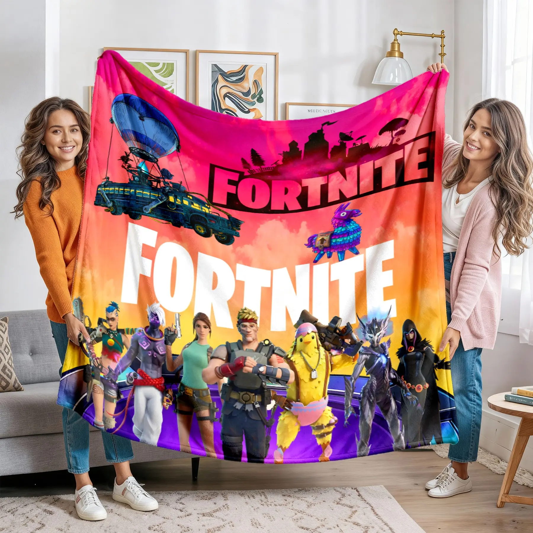 Fortnite Full Characters & Battle Bus Llama Gradient Sky Flannel Blanket, Video Game Themed Print, Ideal Gift for Gamers & Teens