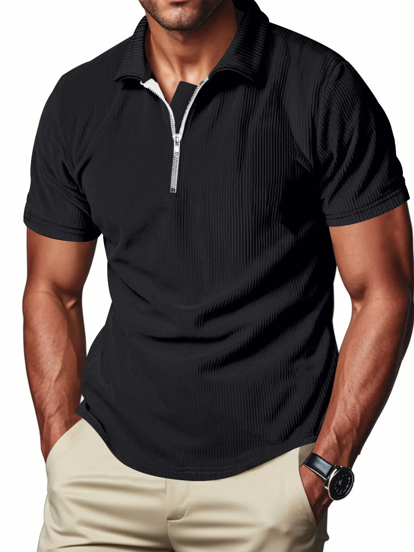 Men's Vertical Striped Quarter Zip Polo Shirt, Short Sleeve Zip Collar Ribbed Textured Top, Stretch Wrinkle Resistant Slim Fit Casual Golf Business T-Shirt