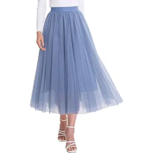 Women's Tulle Skirts Midi Elastic High Waist Pleated Mesh Flowy A-Line Party Long Tutu Skirts