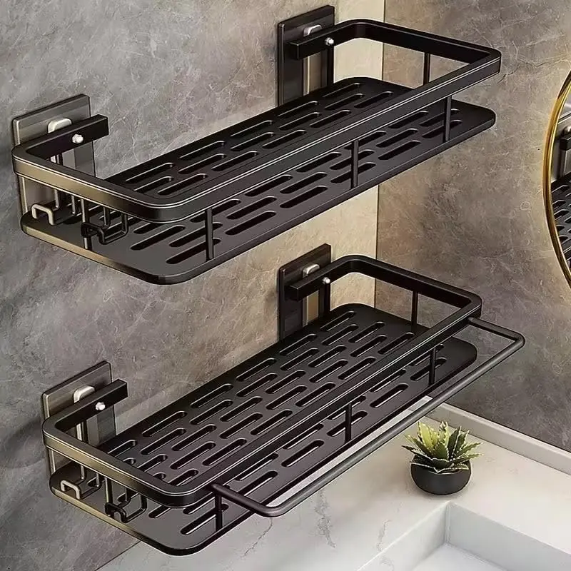 Self Adhesive Shower  Organizer 2-Pack No-Drill Storage | Hooks and Rod for Towels, Shower Shelves for Inside Shower, Bathtub Shelf, Rustproof, Rack, Easy Installation, Sturdy