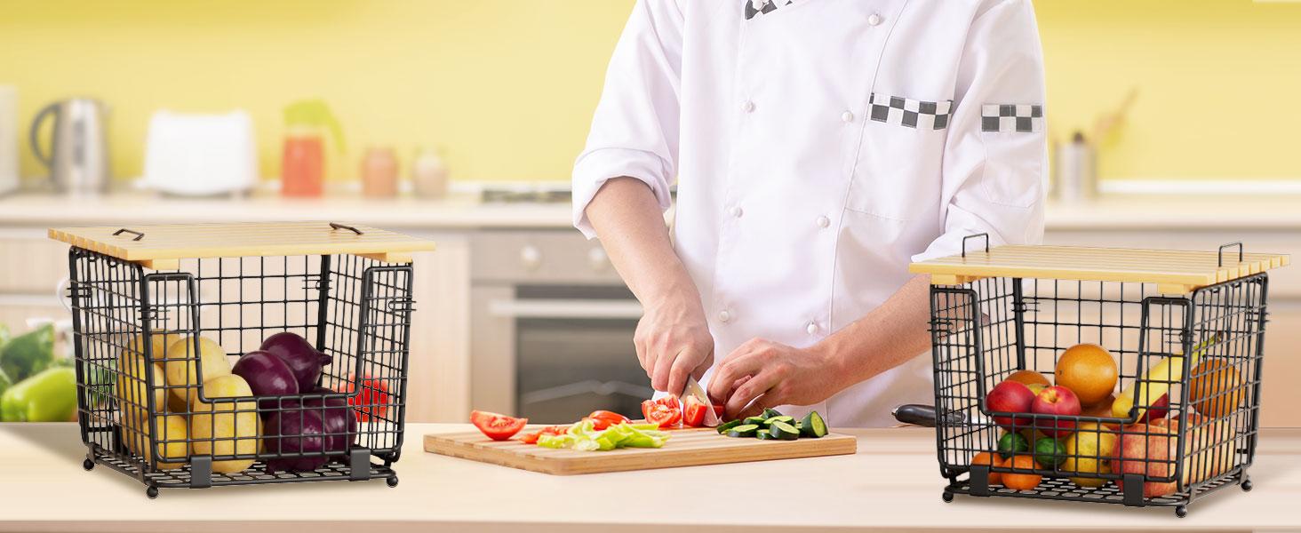 Wire Storage Basket for Kitchen Pantry: GGIU Stackable Kitchen Counter Organizers - Wire Organizing Bin for Produce Vegetable Potato and Onion Black