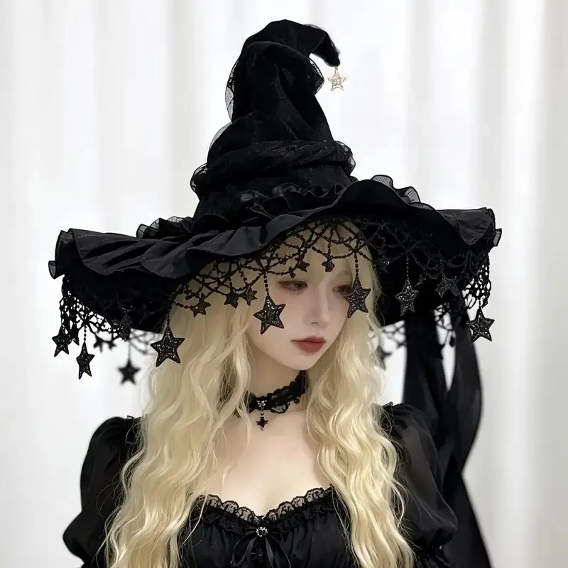 Gothic Witch Hat with Star Moon Pendant, Lace Ribbon Bow, Sheer Voile, Ladies Halloween Costume Accessory, Party Wear