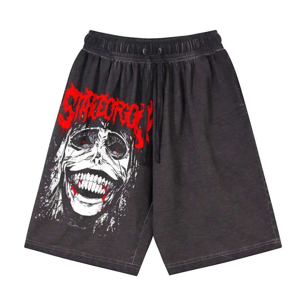 Acid Washed Oversized Y2K Horror Graphic Shorts, Bloody Red Drip Font Grinning Skull Side Print Bottoms, Vintage Grunge Streetwear, 100% Cotton Unisex Drawstring Shorts