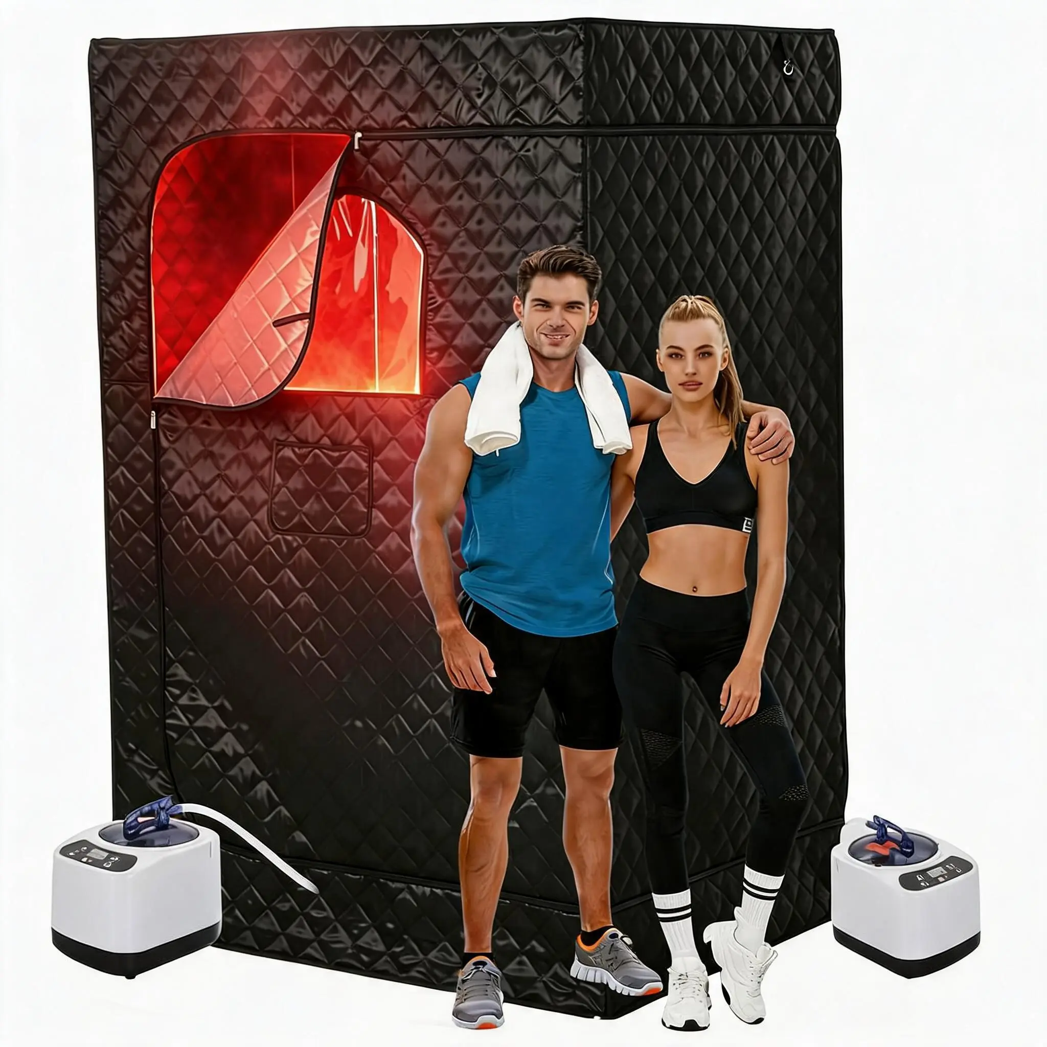 Spacious 2 Person Infrared Sauna for Home Use – Portable Design with 2 Steamers & Folding Chairs, Remote, 9 Heat Settings, 99-Min Timer, 120×90×180cm, 1200W, Black