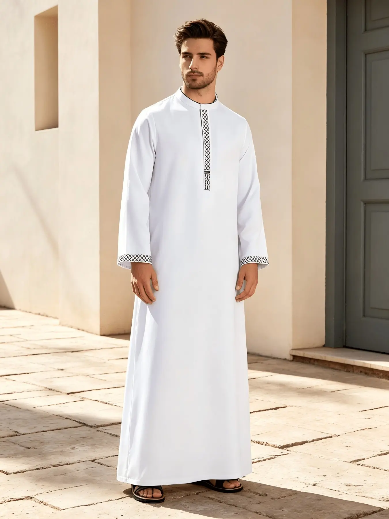 Men's Arabic Thobe, Loose Fit Long Sleeve, Checkered Trim, Breathable Fabric, Ideal for Middle East, Daily Wear, Travel, Photography