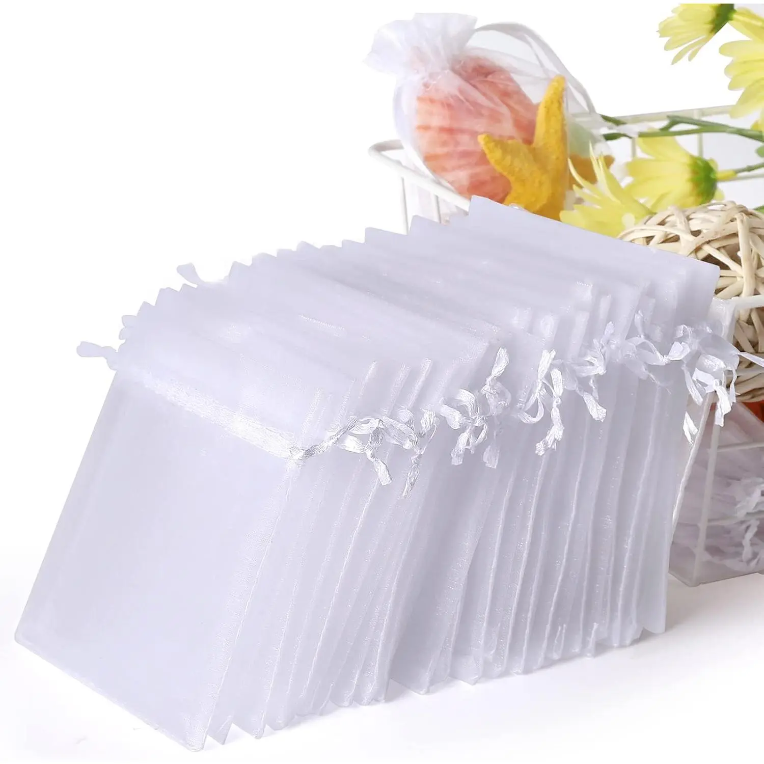 100 count 4x6 (10x15cm) Sheer Organza Bags, White Mother's Day Wedding Favor Bags With Drawstring,   Pouches Party Festival  Bags Candy Bags, Fruit Protection Bags