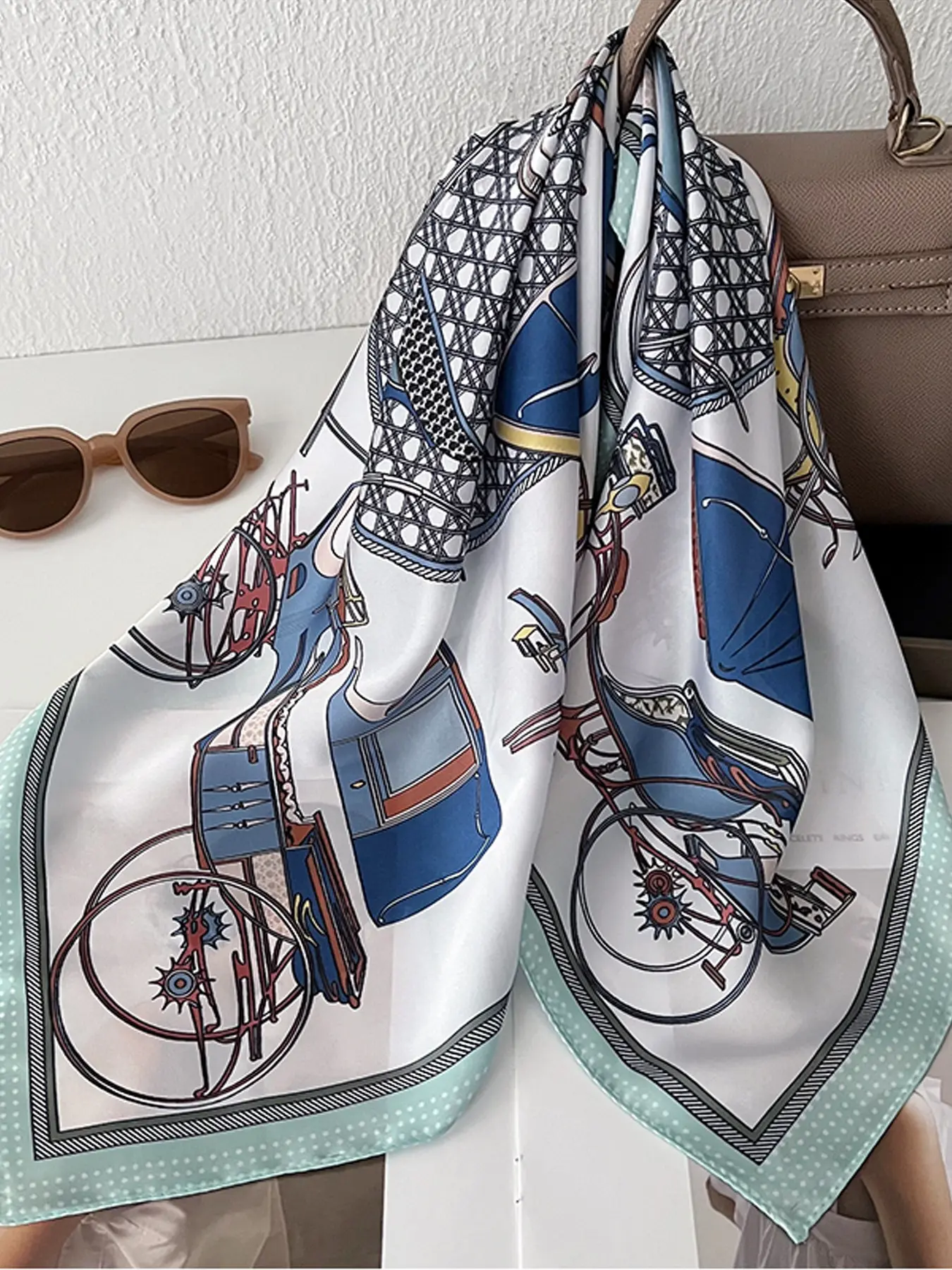 Vintage Carriage Coach Print Silk Scarf, Tropical Pattern Loose-Fit Bandana, Casual All-Seasons Neck Hair Wrap, Luxurious Office Accessory