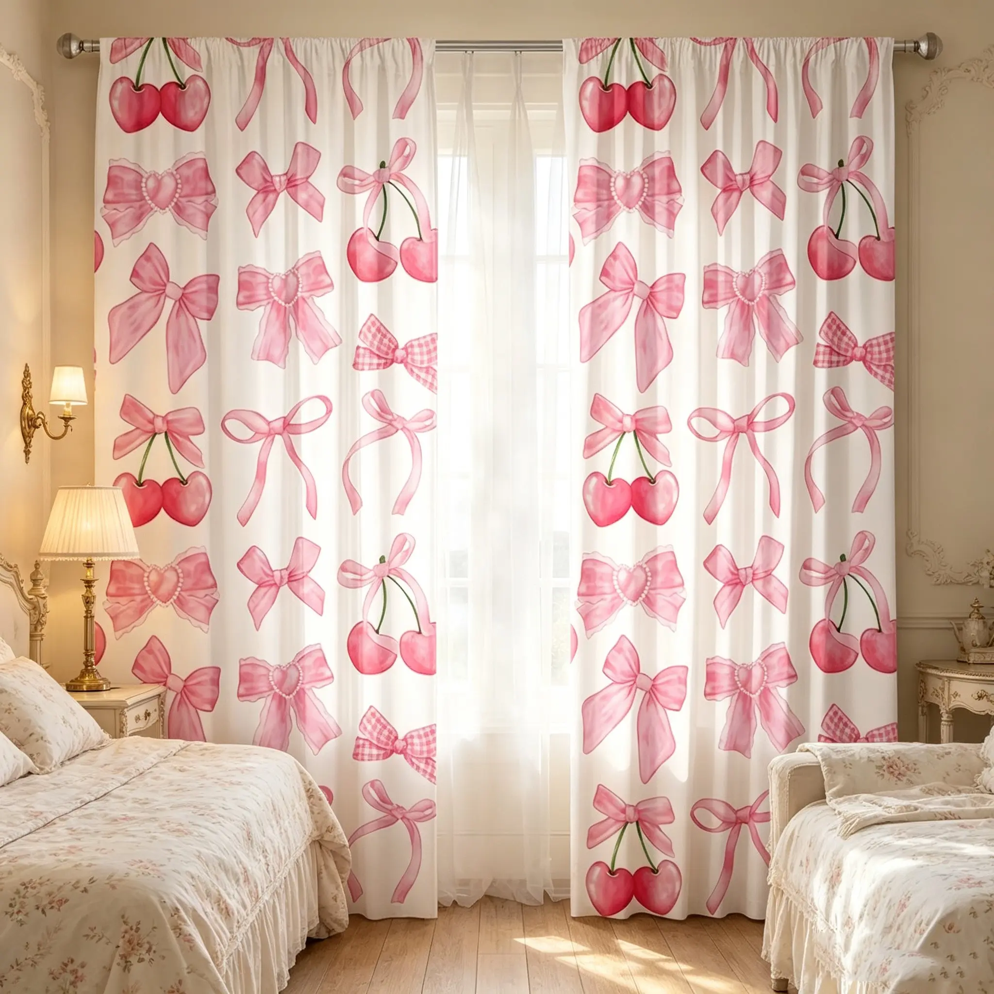 2pc Bow Cherry Print Window Curtains, Insulated Semi-Blackout, Privacy Protection, Suitable for Living Room, Kitchen, Bedroom, Hotel, Restaurant