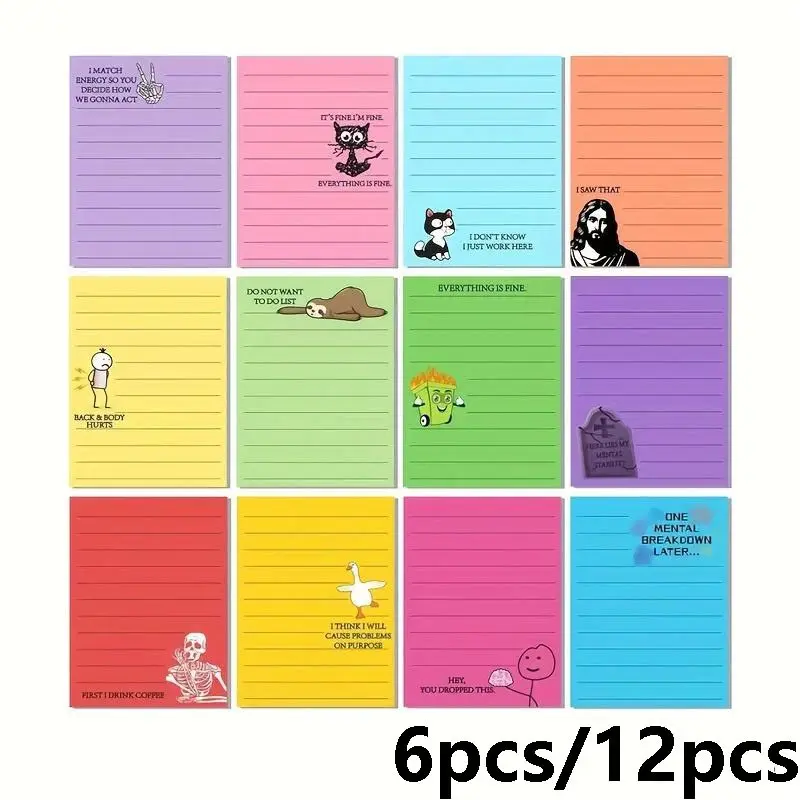 Funny Sticky Notes Set, 6/12 Pieces, Sarcastic & Self-Adhesive, Ideal for Office Use, Perfect Gift for Coworkers & Employees, Office Supplies