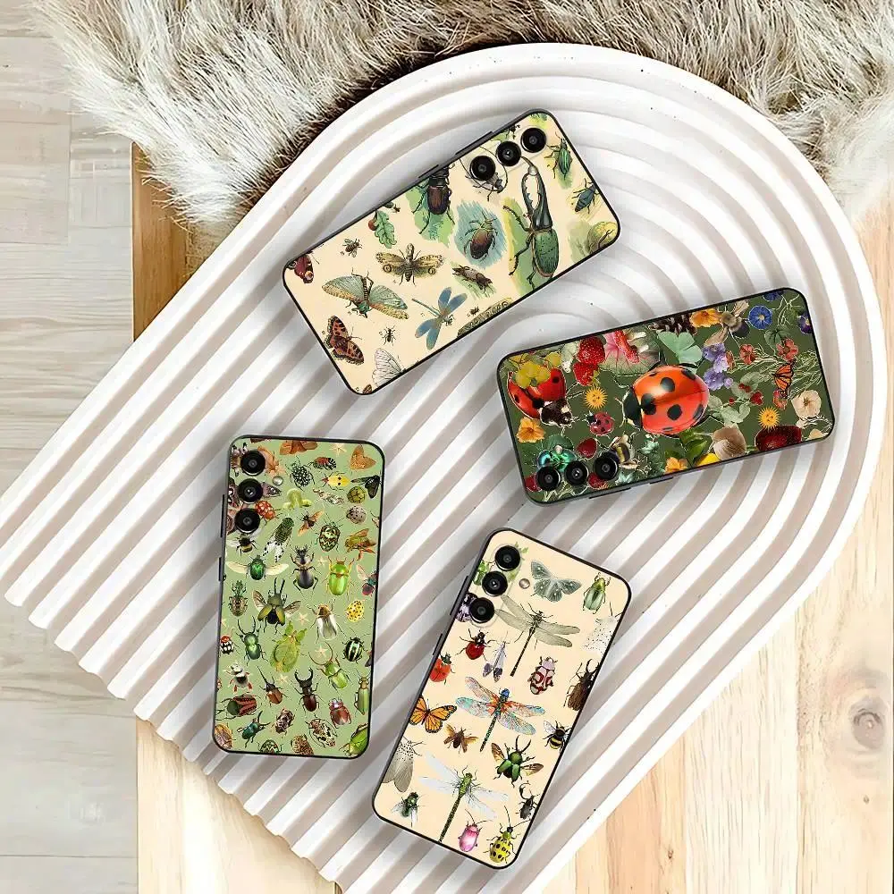 Insects and Bugs Art Soft Black Dust-Proof Phone Case For iPhone 11-17 Pro Max/Plus & Samsung Galaxy S23-S25, Nature Protective Cover