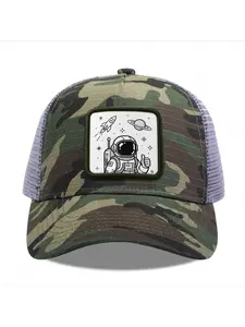 Pixel Art Astronaut with Rocket and Planet Camouflage Mesh Baseball Cap for Men & Women - Adjustable Snapback Trucker Hat, Breathable Back for Hiking, Fishing, Camping, Golf & Casual Outdoor Attire Camouflage Random