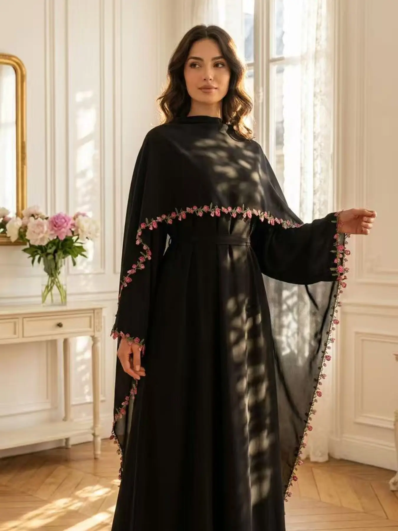 New Muslim Women's Lace Patchwork Shawl Dress + Headscarf Set, Elegant Long Dress for Parties and Vacations, Slimming Abaya Style, Loose Fit Abaya
