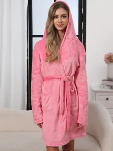 Women's Solid Color Hooded Sleepwear with Belt, Cozy Plush Pajamas for Fall Winter, Comfortable Warm Robe for Home Use