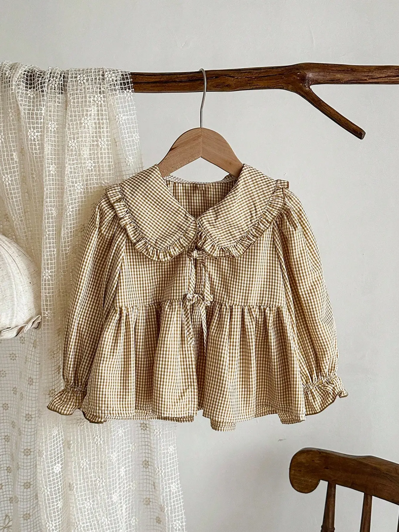 Girls Blue Gingham Blouse, Ruffled Peter Pan Collar, Puff Long Sleeve, Tie Front Peplum Shirt, Breathable Casual Top for Daily Outing & Photoshoot